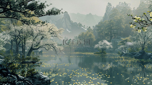 背景流水背景图片_落花流水亭阁合成创意素材背景