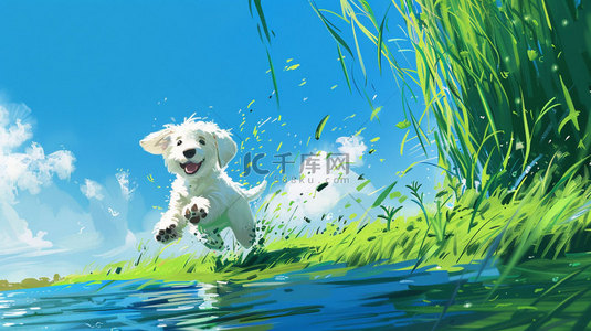 小狗排队背景图片_小狗河畔柳树合成创意素材背景