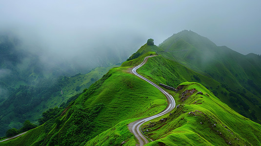 缭绕云雾摄影照片_高山草原山顶上的蜿蜒道路高清摄影图