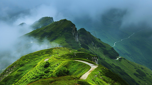 高山草原山顶上的蜿蜒道路高清图片