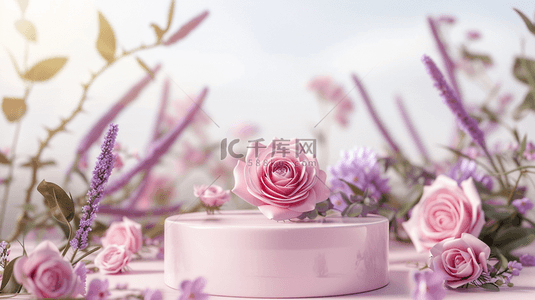 粉色浪漫电商背景图片_粉色520花朵3D立体装饰圆柱电商背景