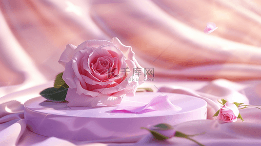 浪漫恋爱背景图片_粉色520花朵3D立体装饰圆柱电商背景