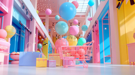 购物车素材背景图片_购物车气球模型合成创意素材背景