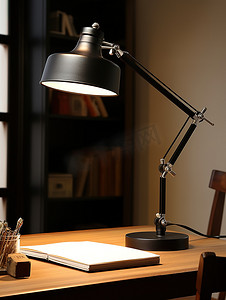 现代摄影照片_现代办公桌上的黑色台灯摄影照片