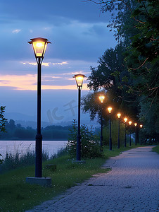 黄昏的天空公园路灯摄影照片