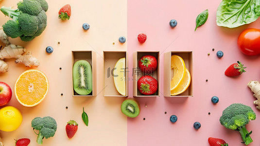 果蔬素材背景图片_纸盒果蔬绿植合成创意素材背景