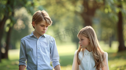 一个男孩和一个女孩一起在公园散步图片