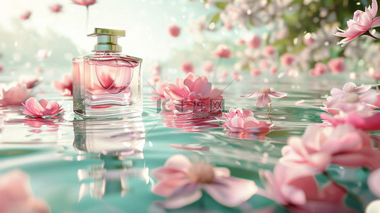 鲜花背景素材背景图片_鲜花香水水面合成创意素材背景