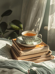 床上书本上的一杯茶复古图片