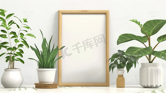 绿植电商摄影照片_绿植盆栽装饰的木质展示框图片