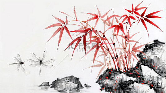竹子蜻蜓水墨合成创意素材背景