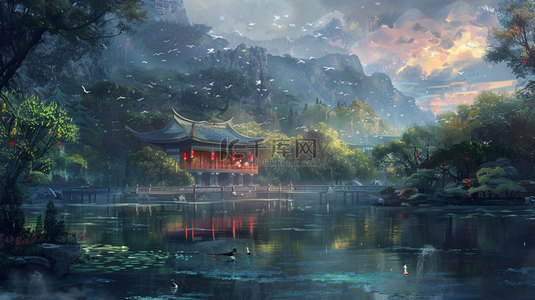 背景流水背景图片_落花流水亭阁合成创意素材背景