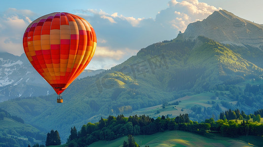 高山上空飞行的热气球图片