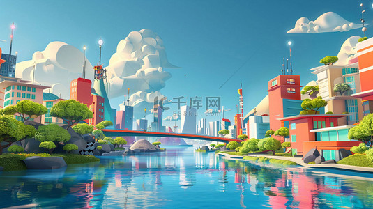 创意城市背景素材背景图片_卡通河流城市合成创意素材背景