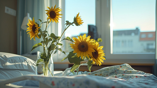 床上放着一瓶向日葵摄影照片