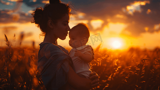 夕阳中妈妈抱着婴儿摄影11