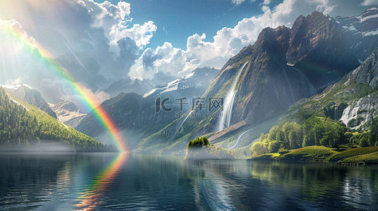 高山湖泊彩虹合成创意素材背景