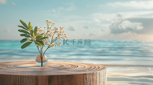 清凉海边背景图片_蓝色夏季清凉海边沙滩圆柱电商展台背景