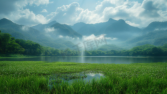 草原高山摄影照片_广阔的绿色草原高山瀑布高清摄影图