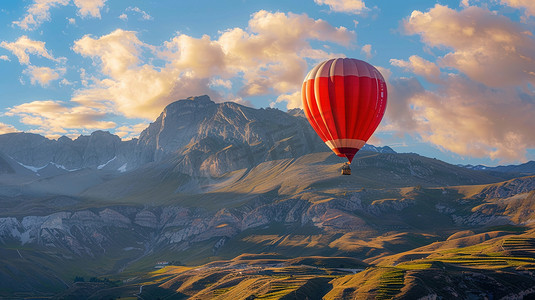 热气球飘带摄影照片_高山上空飞行的热气球图片