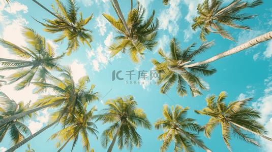 蓝色度假背景图片_蓝色夏季海边椰子树装饰背景