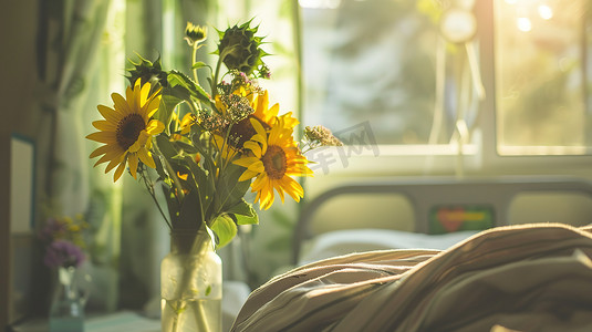 床上放着一瓶向日葵高清图片