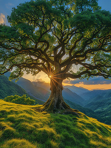 大树铭牌摄影照片_高山草坡上的一棵大树摄影照片