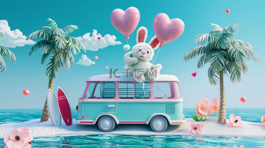 创意海滩背景图片_兔子巴士海滩合成创意素材背景