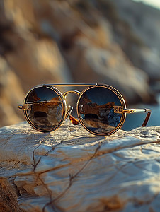 岩石上的太阳眼镜墨镜摄影照片