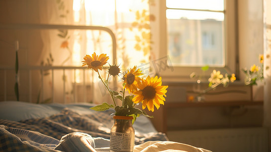床上放着一瓶向日葵图片