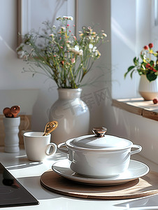 摄影照片_白色厨房白色的锅具照片