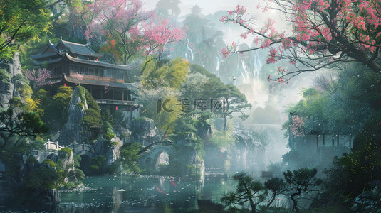 落花背景背景图片_落花流水亭阁合成创意素材背景