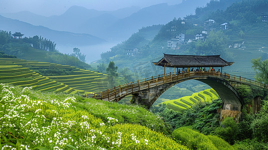 桥中摄影照片_春天的中国山区梯田泰顺廊桥图片