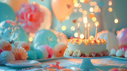 生日派对上的蜡烛和蛋糕图片
