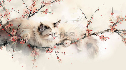 树枝素材背景图片_猫咪桃花树枝合成创意素材背景