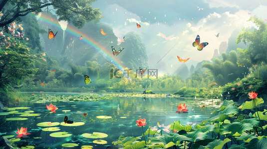 生态兴海背景图片_彩虹池塘生态合成创意素材背景