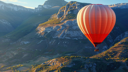 高山上空飞行的热气球图片