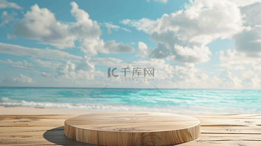海边背景图片_蓝色夏季清凉海边沙滩圆柱电商展台背景