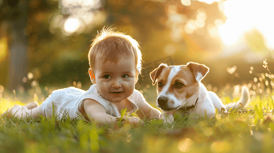 草坪上的婴儿和狗狗摄影8