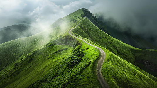 高山草原山顶上的蜿蜒道路高清图片