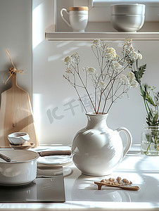 白色厨房白色的锅具高清图片