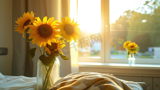 太阳向日葵摄影照片_床上放着一瓶向日葵摄影图