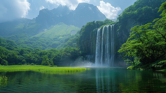 草原高山摄影照片_广阔的绿色草原高山瀑布摄影配图