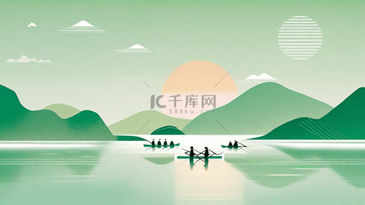 龙舟aigc背景图片_国风端午节赛龙舟山水场景设计
