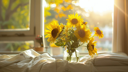 床上放着一瓶向日葵摄影照片
