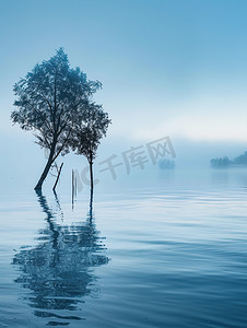 水天一色摄影照片_平静的蓝色湖面图片