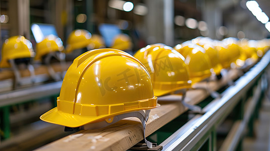 建筑工人的工具摄影照片_工厂里摆放整齐的安全帽图片