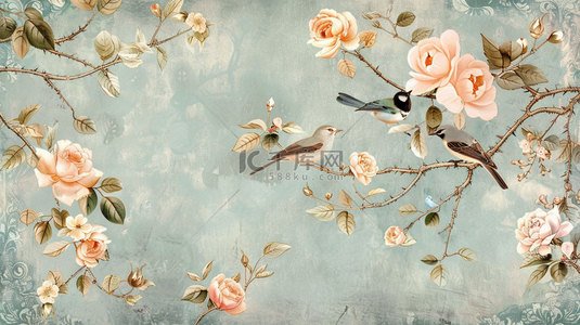 喜鹊安家背景图片_喜鹊玫瑰温馨合成创意素材背景