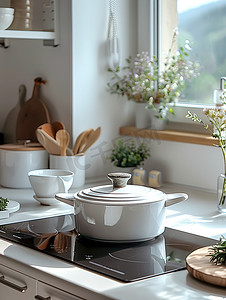 白色厨房白色的锅具高清摄影图