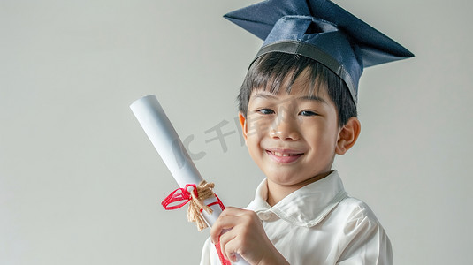 毕业季狂欢购摄影照片_一个穿白色衬衫的小学生毕业图片